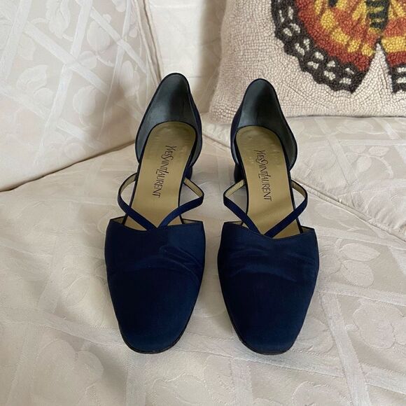 YSL Yves Saint Laurent 90s Blue Satin Block Heels - Picture 12 of 16